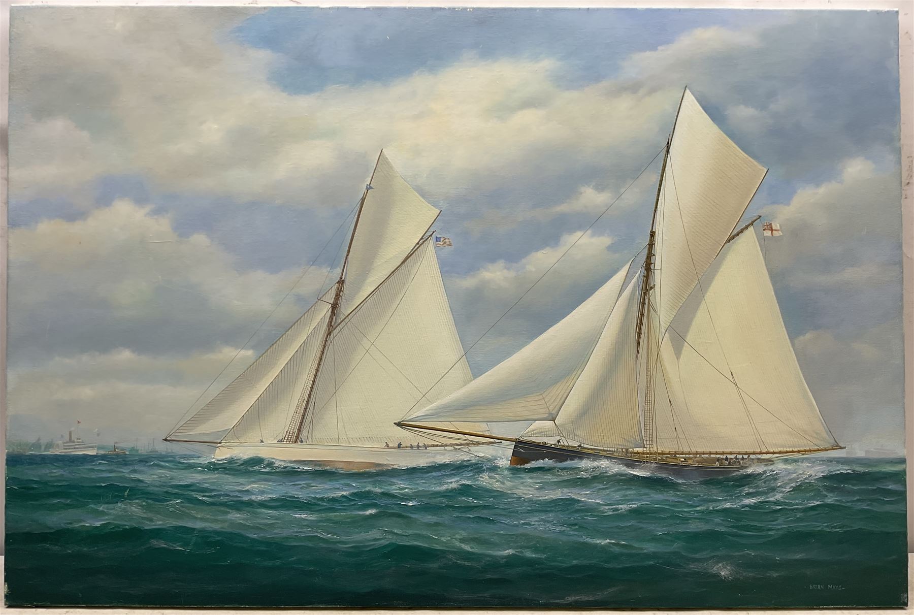 Brian Mays (British 1938-2005): 'Americas Cup 1885 - Puritan Defeats Genesta', oil on canvas signed, titled and dated '01 verso 71cm x 107cm (unframed) 
Provenance: direct from the family of the artist