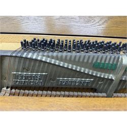 Louis Zwicki - mid-20th century oak cased compact piano, fitted with a folding music rest and full keyboard, dual brass pedals