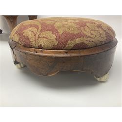 Victorian needlework footstools, decorated with bees amongst peach trees with carved legs with shell decoration and two other needlework footstools, largest H24cm 
