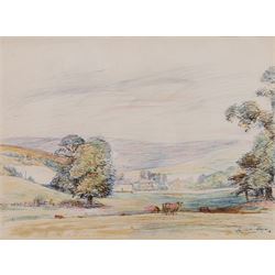Russell Sidney Reeve (British 1895-1970): Cows in a Field, watercolour, ink and crayon sig...