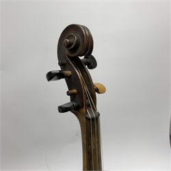 Late 19th/early 20th century violin with 36cm two-piece maple back and ribs and spruce top, stained pearwood finger board, 60cm overall, in ebonised wooden 'coffin' case with bow
