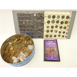  Collection of coins including hammered coins, Great British farthings including many Queen Victoria, commemorative crowns, pre-decimal coins, 'Coin Collecting' by Laurence Brown and other coinage, in ring binder and a tin  