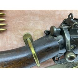 WW2 Lee Enfield No.4 Mk.1 .303 bolt-action rifle with hinged butt compartment, made by SA Ltd., Long Branch, Canada 1942, serial no.5L0646 L113cm; mounted on a framed display board with No.4 Mk.II spike bayonet, No.9 Mk.1 blade bayonet, two inert 5-round clips and brass biographical plaque by Antler Military Originals detailing DA Cert No.C3444 OLD STYLE DEACTIVATION SO FIREARMS CERTIFICATE REQUIRED OR RFD