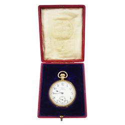 Early-mid 20th century 9ct gold open face Vanguard keyless lever pocket watch by Waltham, Massachusetts, No. 29455279, white enamel dial with Arabic hour markers and subsidiary seconds dial, case by Dennison, Birmingham 1940, in velvet and silk lined case