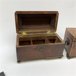 A Georgian mahogany tea caddy, L24cm, together with a Victorian mahogany example, L26cm, and two portrait miniatures in ebonised frames, H13cm. 