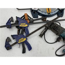 Collection of power tools and other tools - Ryobi EMS1426L mitre saw, Makita Q91001 electric hand planer, Makita HR2470 hammer drill, Makita GA9050 angle grinder, Triton TRA001 router, vice and quick-grip clamps