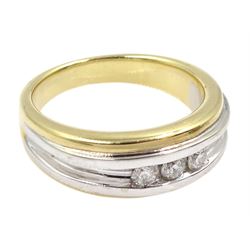 9ct white and yellow gold round brilliant cut diamond three stone, channel set ring, hallmarked