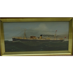  Early 20th century ships portrait of the Bank Line steam cargo vessel 'Roseric' in a choppy sea, gouache on board, indistinctly signed H L? Rane, 14cm x 29cm: Built Glasgow 1910, served during WW1, broken up in 1931.  