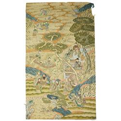 Chinese silk kesi 'Peach Festival' scroll painting, showing Daoist immortals and deities c...