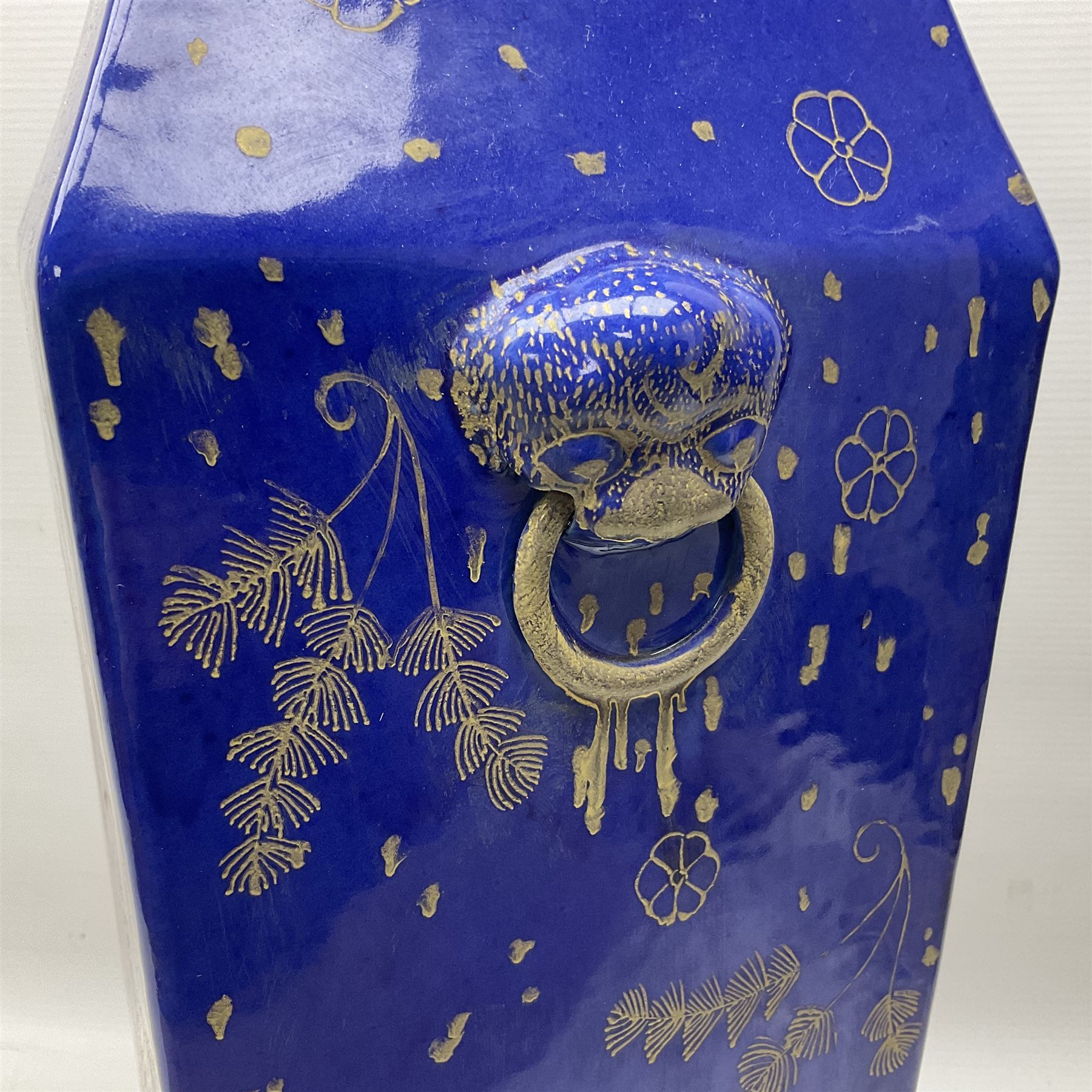19th/ early 20th century Chinese powder blue vase, square section form with twin mask handles, painted in iron red and gilt with carp amongst aquatic weeds, Daoguang iron red seal mark beneath, H57cm 