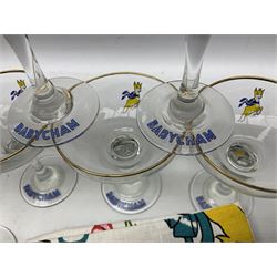 Breweriana; Eight Babycham glasses together with a Babycham plastic fawn mascot and linen I'd Love a Babycham tea towel