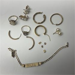 9ct gold jewellery including pearl earrings, odd hoop earrings, two stone set rings, silver and stone set silver jewellery and costume jewellery, wristwatches, etc