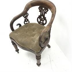Victorian mahogany framed tub shaped desk chair, upholstered seat, turned supports, W57cm