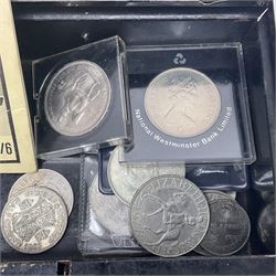 Great British and World coins, including Elizabeth I 1592 hammered silver sixpence, Queen Victoria 1889 double florin, 1896 halfcrown, King George V 1921 one florin, King George VI 1937 halfcrown, Queen Elizabeth II 1993 five pound coin, old style two pound coins, commemorative crowns etc, housed in a vintage cash tin