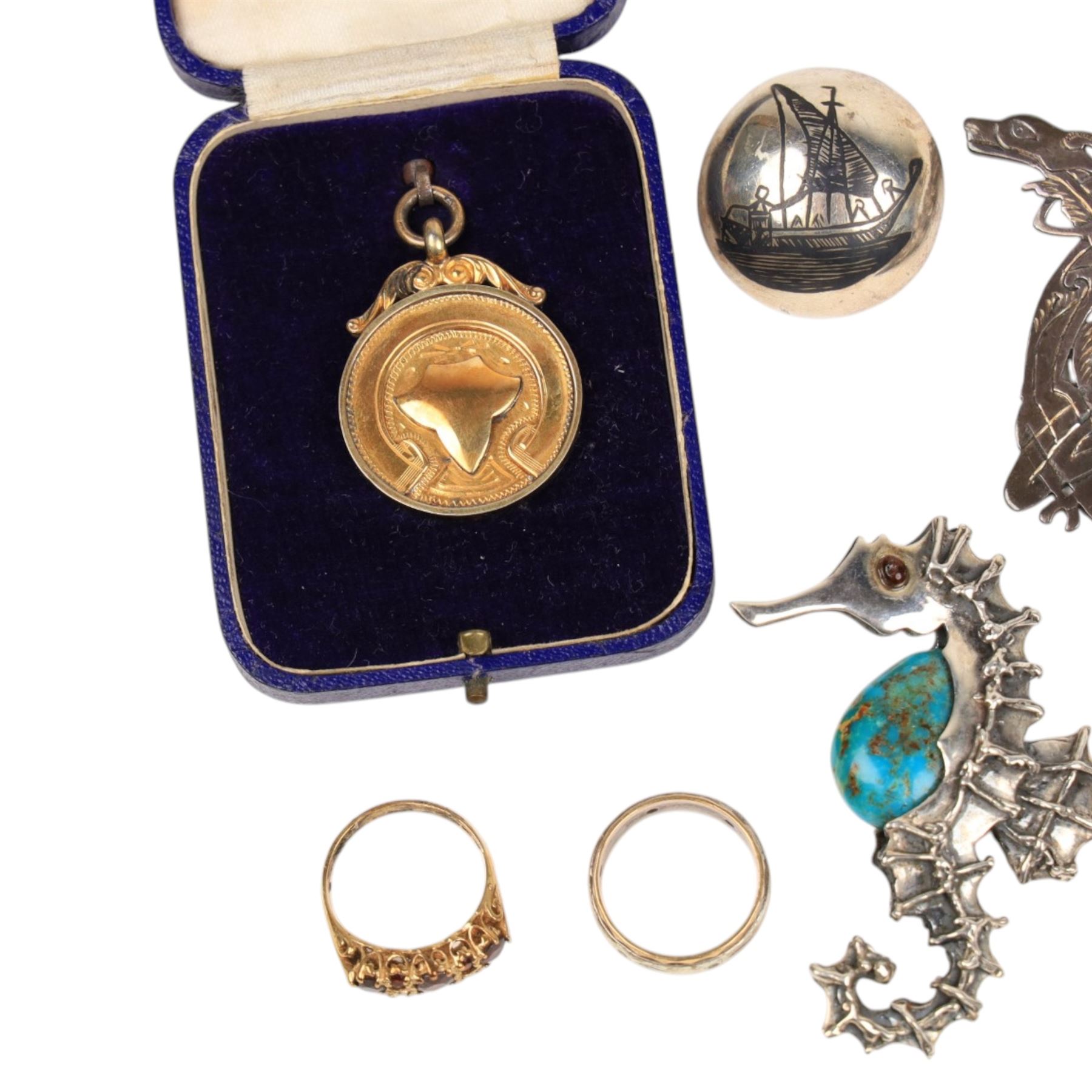 9ct gold stone set ring, hallmarked, 9ct and silver ring, silver charm bracelet, silver brooches and silver-gilt fob, all stamped or hallmarked