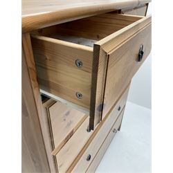 Pine chest, chest, raised shaped back, two short and four long graduating drawers