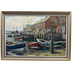 Barry Claughton (British 20th century): 'Scarborough Fishing Boats', oil on board signed, labelled verso 50cm x 75cm
