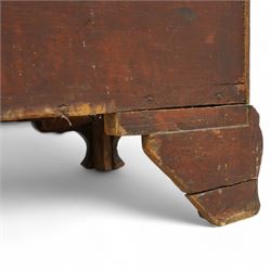 George III mahogany chest, moulded rectangular top over five long cock-beaded drawers, each fitted with brass swan neck handles and circular plates, with shaped brass escutcheons, lower moulding over ogee bracket feet 