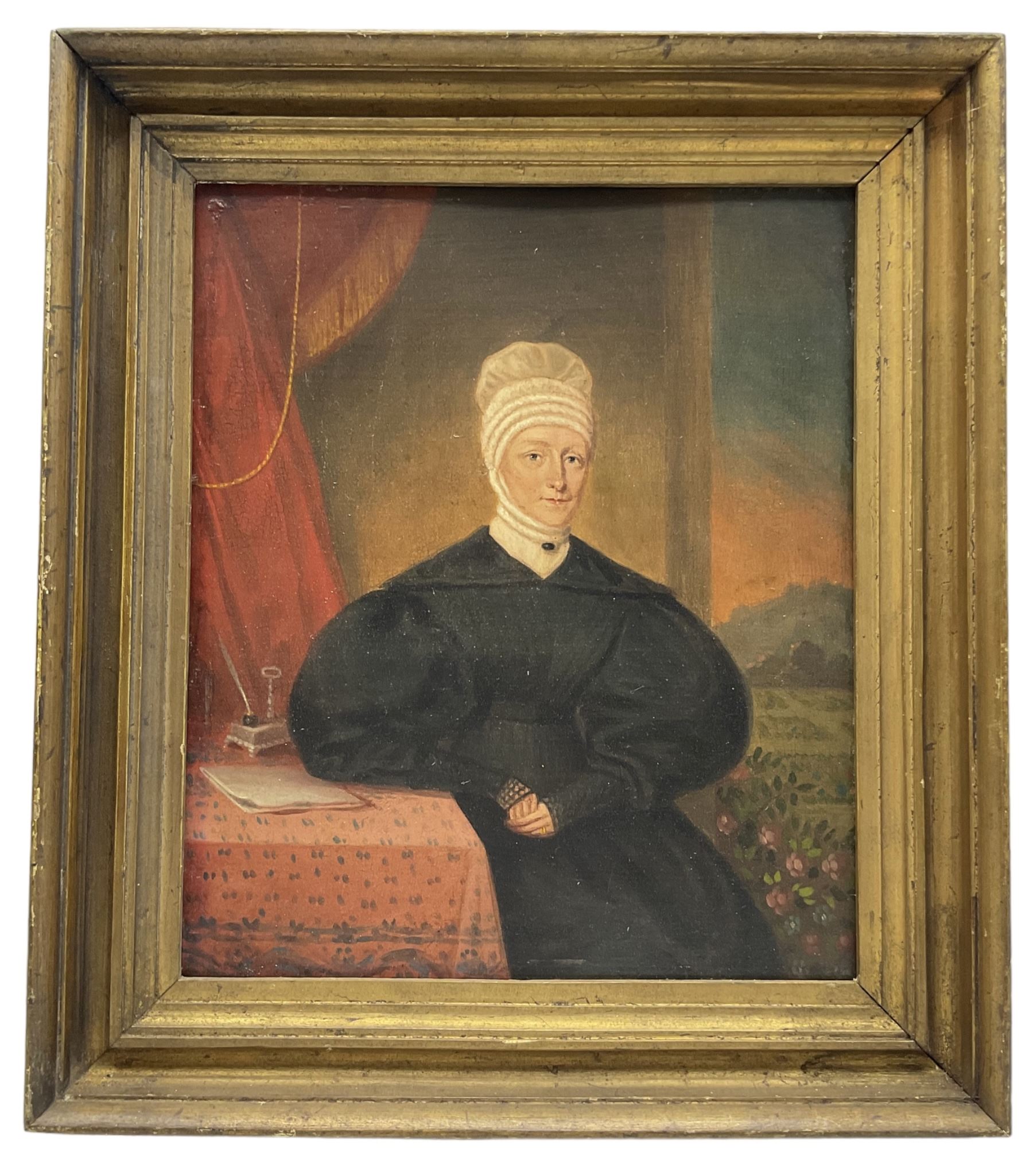 Robert Willoughby (Hull 1768-1843): Portrait of a Lady seated at her Desk, oil on tin, signed and dated May 1836 verso 30cm x 25cm
Provenance: private East Yorkshire collection, purchased Reeman Dansie 23rd April 2013 Lot 893. Willoughby a Hull artist is better known as the principal artist responsible for recording the vessels of the Hull Whaling fleet during its heyday in the first half of the 19th century.