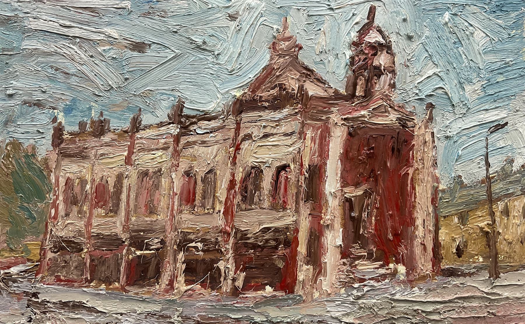 Barry De More (Yorkshire 1948-2023): 'Town Hall - Elland', oil on board, signed titled and dated 2010 verso 17cm x 27cm 