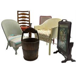 Farmhouse design ladder back carver armchair with rush seat and squab cushion (W61cm, H103cm), two Lloyd Loom design bedroom chairs; 20th century coopered bucket; 20th century open armchair with cane back; and a folding fire screen (6)