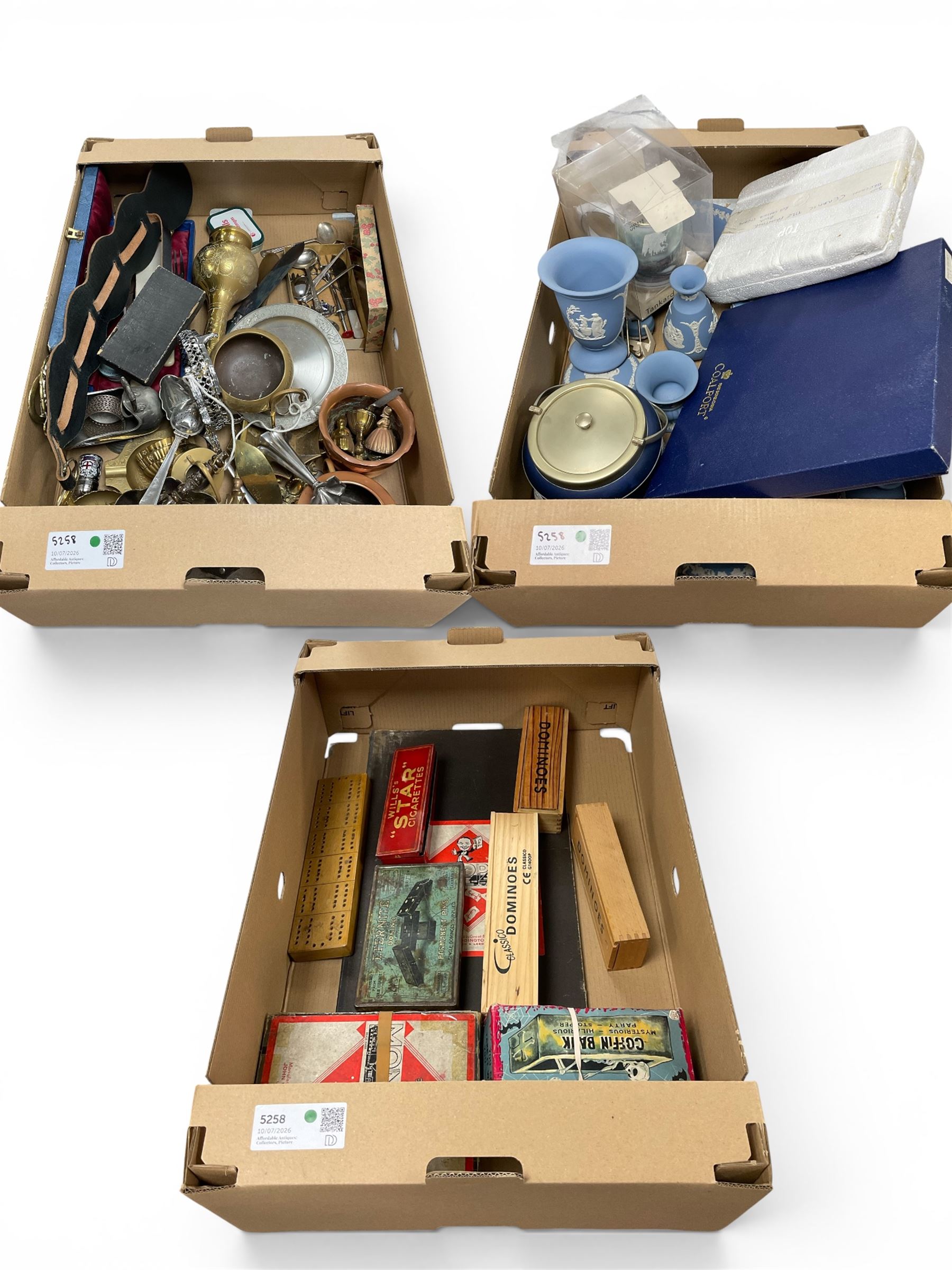 Collection of ceramics including Wedgewood Jasperware, mid 20th century games including Dominoes and Monopoly, and metalware including salt cellars and pepper shaker with St George's Cross