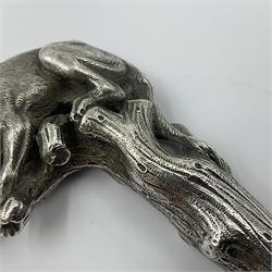 Victorian silver walking cane handle, modelled as a panther upon a tree branch, hallmarked London 1851, maker's mark worn and indistict