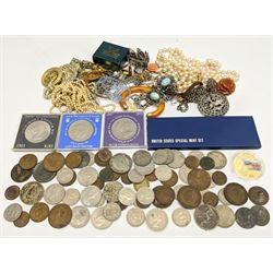 Costume jewellery and coins including United States of America 1966 special mint set, commemorative crowns, bangles, necklaces etc