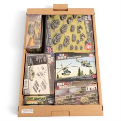 Collection of Battlefront Miniatures World War III Team Yankee 'British' models, comprising no. TBRAB03 British Starter Force - Challenger Armoured Squadron, no. TBBX07 Tracked Rapier Sam Section, no. TBBX12 Warrior Platoon, and others, mostly 1:100, all boxed