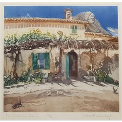 Robert Greenhalf (British 1950-): 'Farmhouse in Spain', coloured aquatint signed titled and numbered 64/150, 30cm x 32cm with full margins (unframed)
