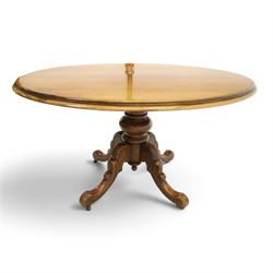 Victorian mahogany oval centre table, turned base with four carved splay legs (no fittings)