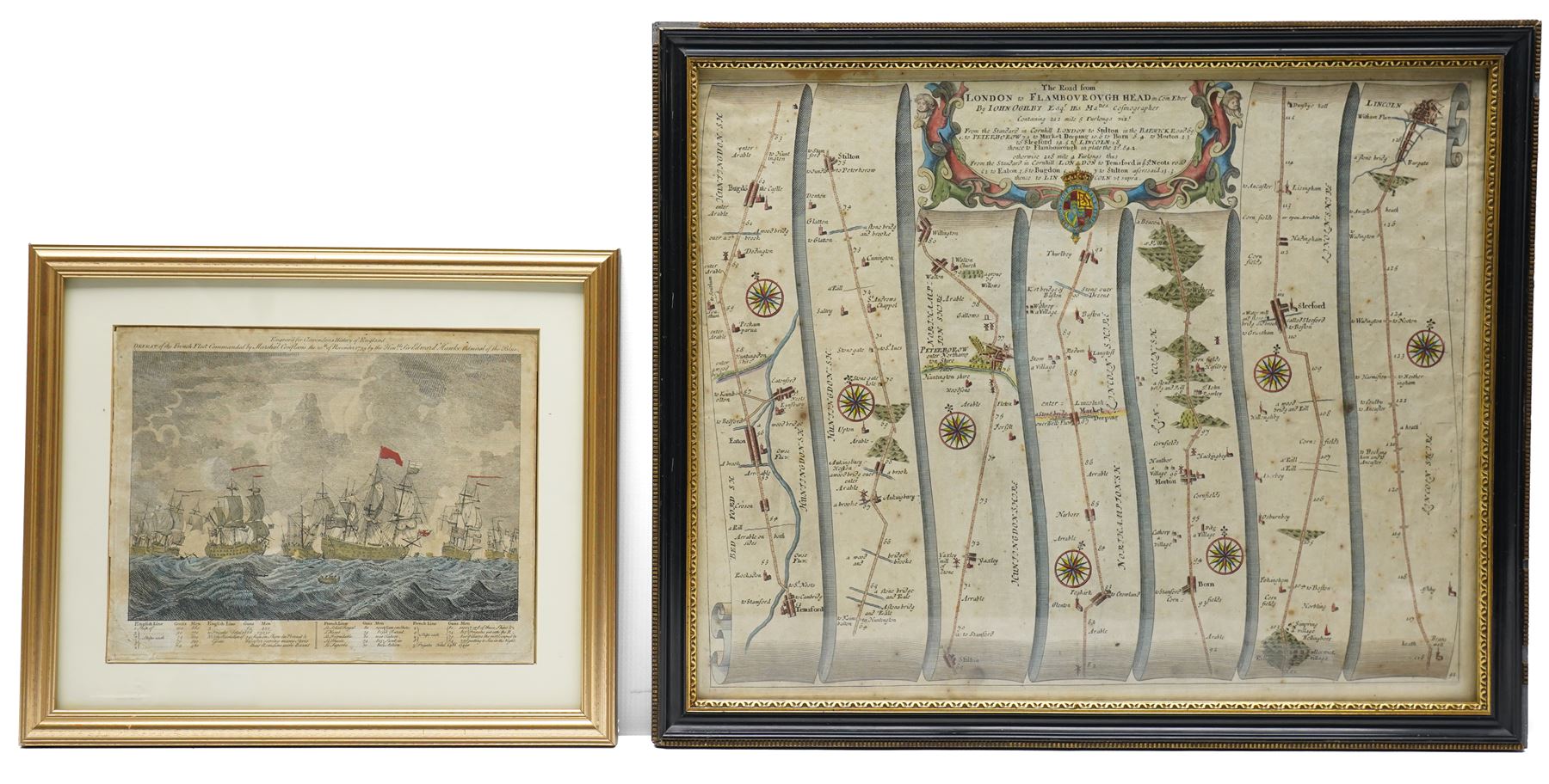 John Ogilby (British 1600-1676): ''The Road from London to Flamborough Head', 17th century engraved strip map with hand-colouring 36cm x 45cm; 'Defeat of the French Feet Commanded by Marshal Conflans... 1759 by the Hon Sir Edward Hawke Admiral of the Blue', 18th century engraving with hand-colouring 19cm x 24cm (2) 