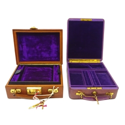  Two early 20th century velvet lined leather jewellery cases, with locking system and keys  