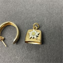 14ct gold enamel bell charm and 9ct gold jewellery including pair of hoop earrings, citrine ring, opal stud earrings, pearl stud earrings and sapphire stud earrings, all stamped or hallmarked, together with a gold-plated bangle, silver brooches including RAF sweetheart and cameo examples, wristwatches and costume jewellery