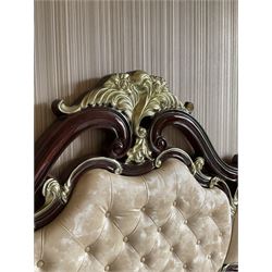 Rococo style 6' Super Kingsize bed, ornate shaped and floral design in wood finish, upholstered buttoned headboard, decorated with scrolled foliate and flower heads, together with mattress