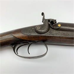 19th century 13-bore muzzle loading, percussion cap, side-by-side double barrel sporting gun by W. Needler Hull, the walnut stock with chequered grip and steel butt plate, engraved action, pineapple finials to fore-end, gold escutcheon, 74cm barrels with under barrel ramrod,  L116cm overall