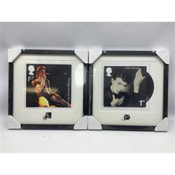 Set of four Royal Mail David Bowie limited edition album stamp prints, comprising Heroes, Ziggy Stardust Tour, Hunky Dory and Let's Dance, all framed and in original packaging, H43cm W43cm