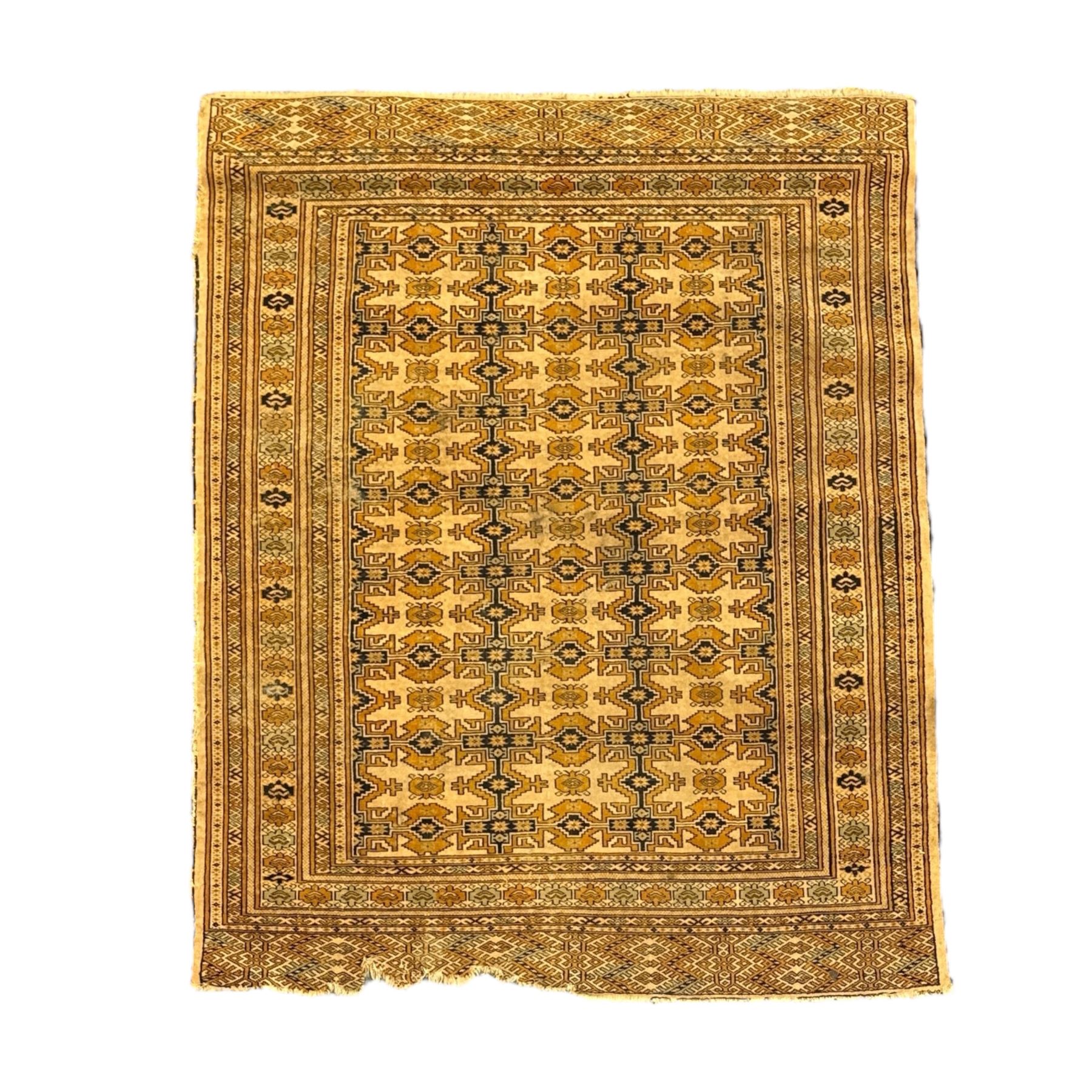 Bokhara rug, earthy ground, with repeating gul motifs, Persian pictorial rug on ivory ground with a densely patterned tree-of-life motif and symmetrically arranged deer, birds, and  other wildlife, 182x149cm & 152x90cm, (2)