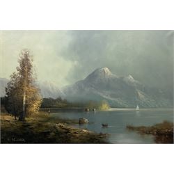 Karl Schmidbauer (Austrian 1921-1998): Mountainous Lake Landscape with Angler, oil on canvas signed 60cm x 90cm
