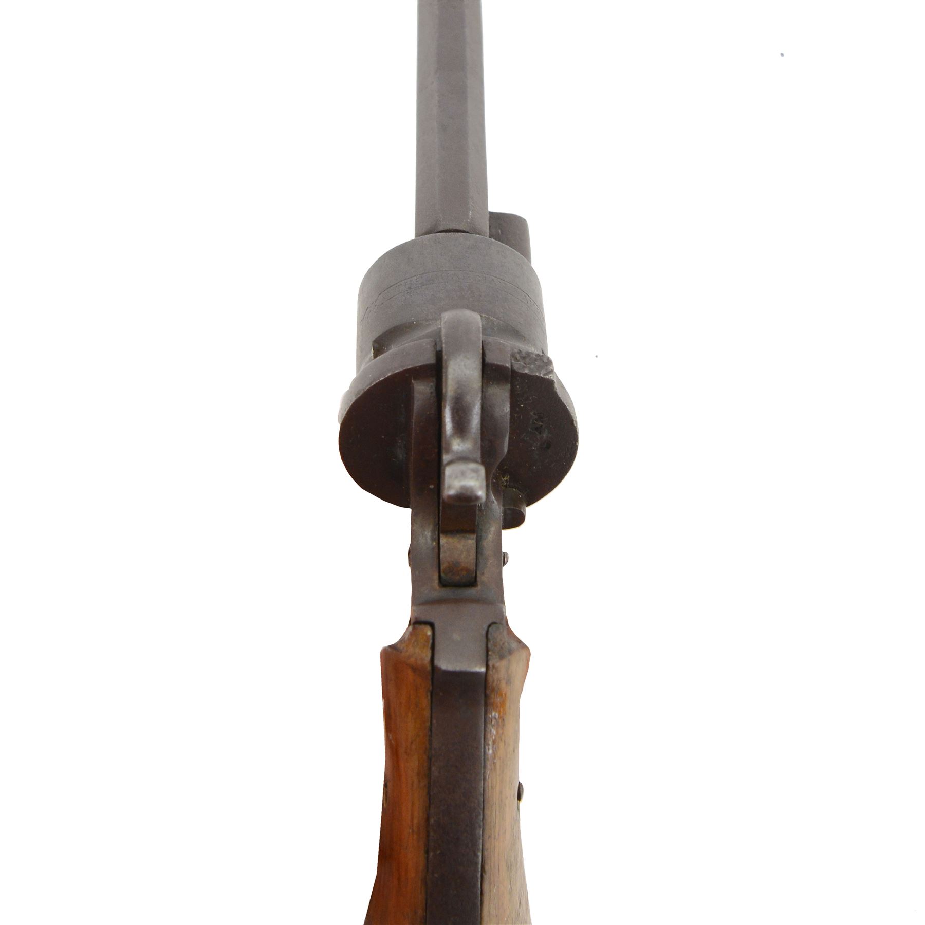 19th century Belgian pinfire six-shot revolver with folding trigger and wooden grip, L18cm 