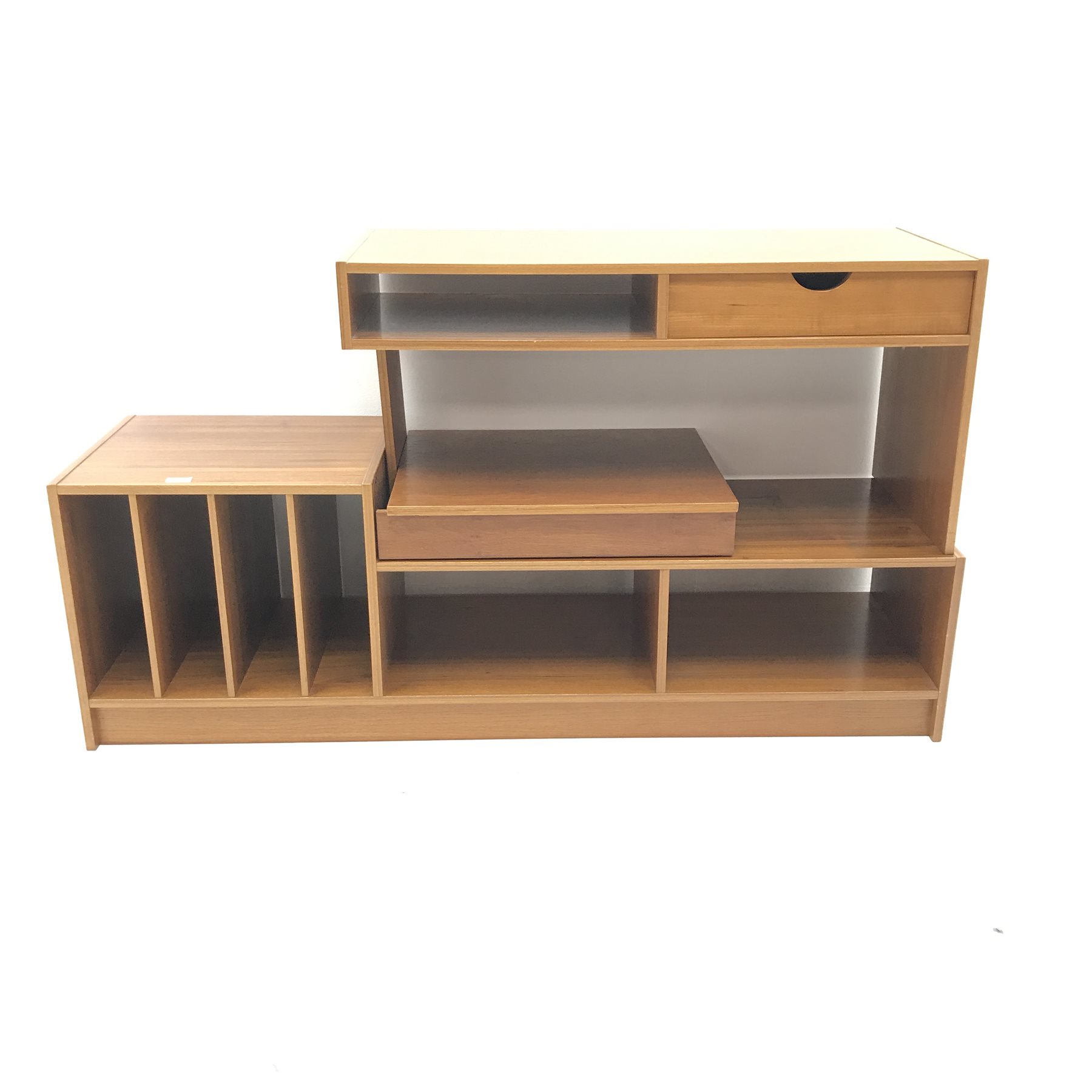 Teak retro corner entertainment stand, single drawer, record stand, W146cm, H81cm, D46cm