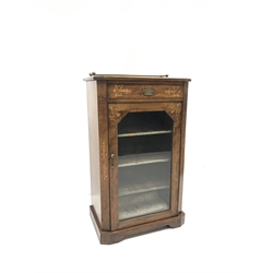 Victorian inlaid walnut music cabinet, single drawer above glazed door enclosing three shelves, W53cm, H88cm, D35cm