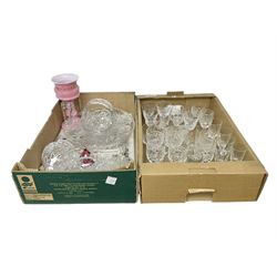 Victorian pink glass lustre, cut glass decanter and drinking glasses and other glassware, in two boxes