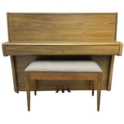 Welmar - English walnut cased upright piano, overstrung frame with a Langer underdamper action; serial No 107859 (1990) with practise, sostenuto and una corda pedals, 88 note seven octave keyboard, with matching duet stool.