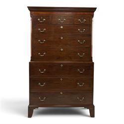 Late 18th century George III mahogany secretaire chest-on-chest, dentil cornice over banded frieze, the top section fitted with three short cock-beaded drawers over three long flanked by chamfered uprights, the base with initial secretaire drawer - fall-front enclosing fitted interior with button-release, correspondence drawers and pigeonholes, over two long drawers with brass swan-neck handles and bracket feet