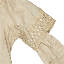 Two Edwardian childrens or ladies bodices and skirts, in cream with panels of contrasting  lace detailing (2)
