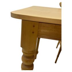 Light wood kitchen table; set of four chairs,  chairs have a shaped top rail over four vertical slats dished seat over turned legs on a H-stretcher 