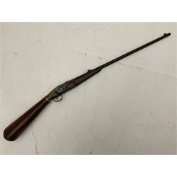 Late 18th century 7.2mm (approx. .28 calibre) Girandoni system single shot reservoir air rifle, the 62cm steel barrel with swivelling two-leaf rear sight, brass breech decorated with a sunburst and lever opening top loading, engraved steel lock-plates marked 'S. Gaskell' to the right side underneath the cocking lever, brass trigger guard,  leather covered steel butt reservoir of tapering conical form with brass ferrule and walnut fore-stock with horn mounts L107cm overall