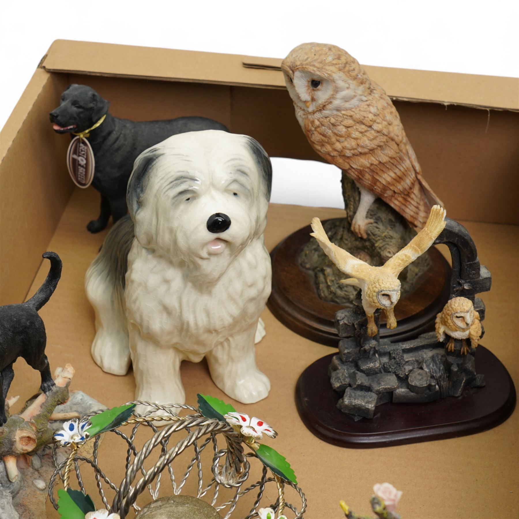 Beswick model of a Magpie, Border Fine Arts Friesian cow and calf, Country Artists owl and other items in two boxes