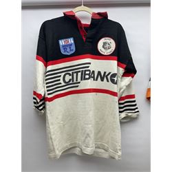 Three Australian Rugby League shirts, to include NRL West Tigers shirt, NSW RL North Sydney Bears shirt and an Australian International rugby shirt, with applied W.Simpson name to front